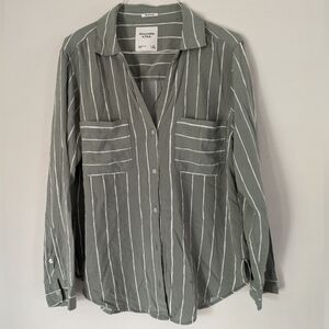 Abercrombie and Fitch Women's Boyfriend Button Up Shirt Striped Sage Green